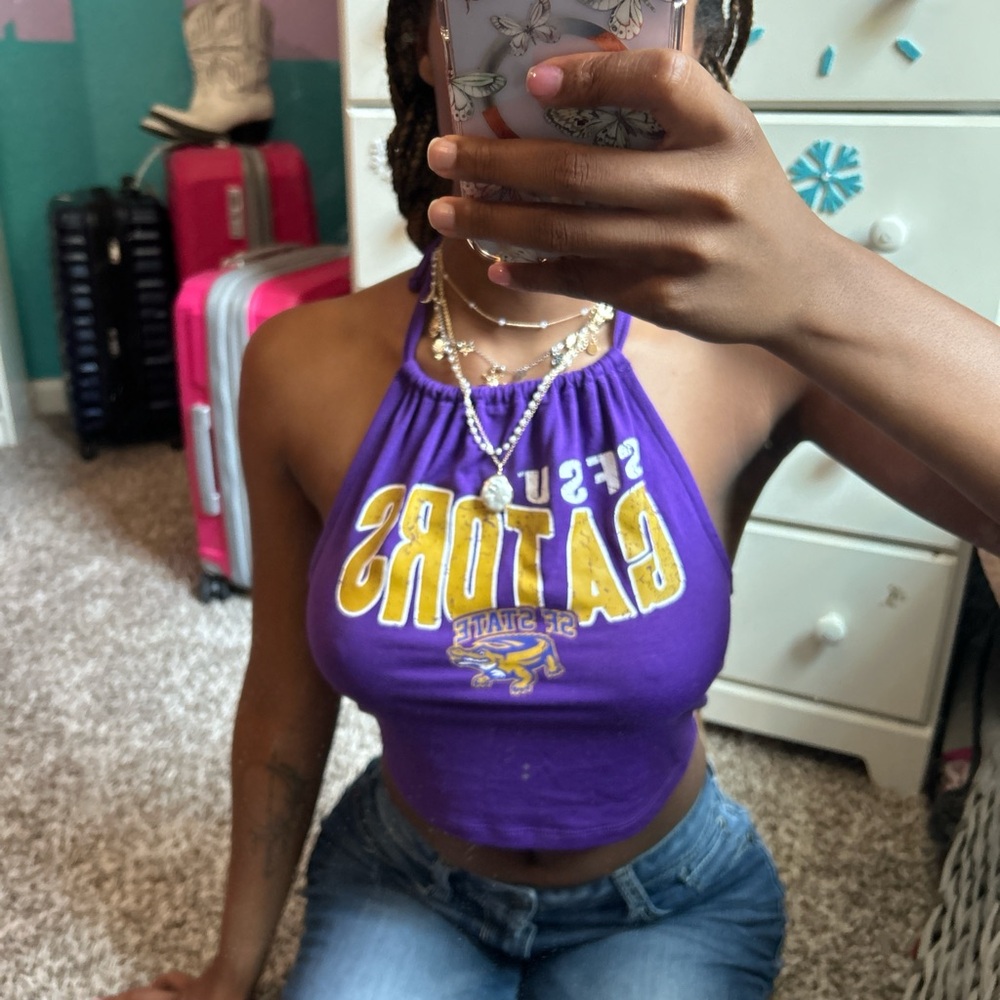 Purple and gold San Francisco State University logo crop halter top
